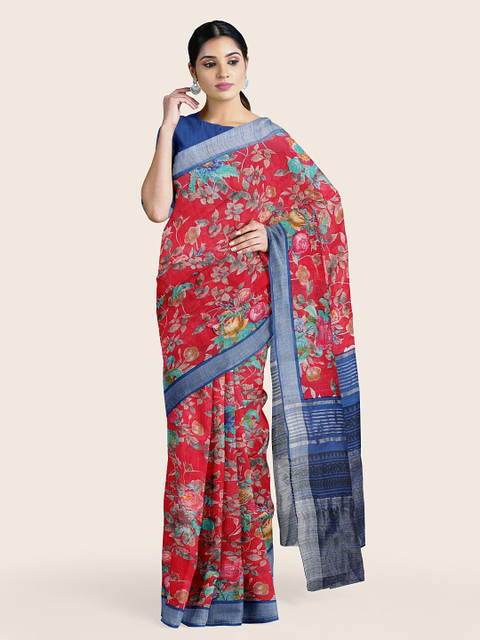 

Pothys Red & Green Floral Zari Jute Cotton Saree