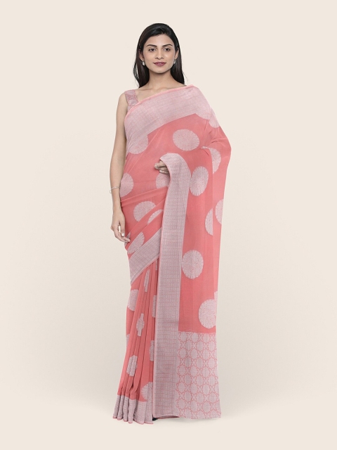 

Pothys Peach-Coloured & Silver Ethnic Motifs Zari Saree