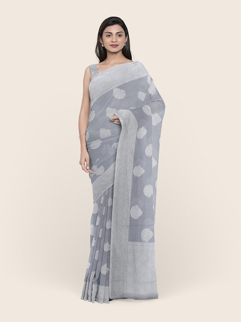 

Pothys Grey & Silver-Toned Ethnic Motifs Zari Jute Silk Saree