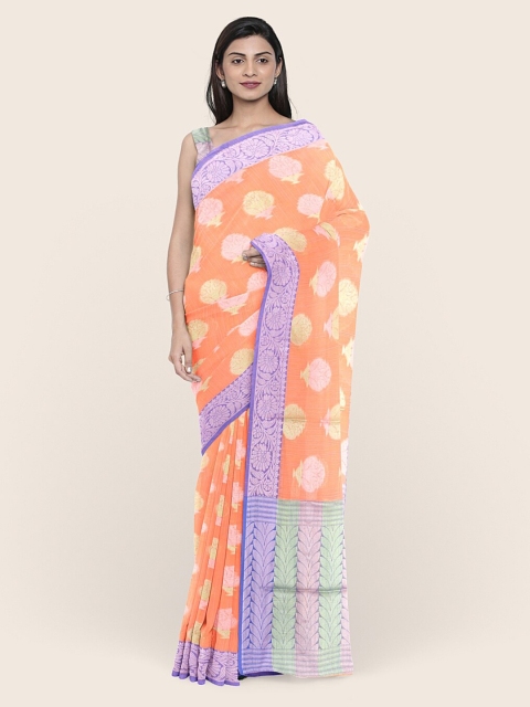 

Pothys Orange & Silver-Toned Woven Design Zari Saree