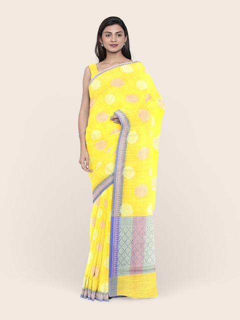 

Pothys Yellow & Silver-Toned Woven Design Zari Saree