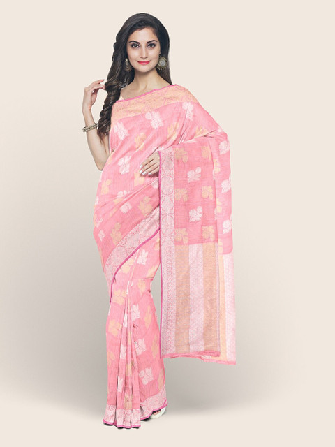 

Pothys Pink & Silver-Toned Floral Zari Saree