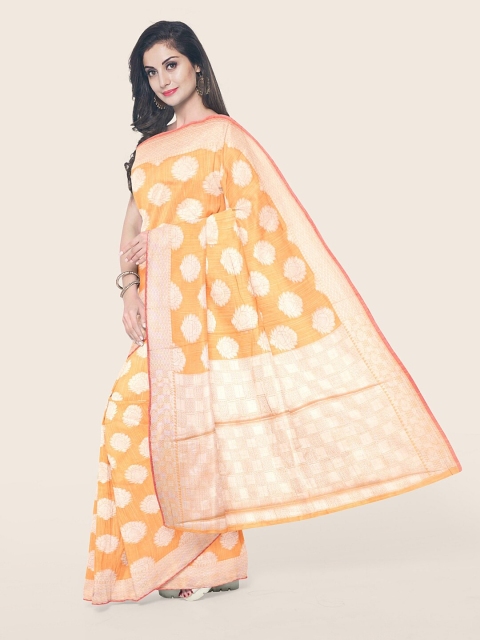 

Pothys Mustard Yellow & Silver-Toned Woven Design Zari Saree