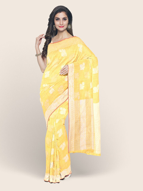 

Pothys Yellow & White Ethnic Motifs Cotton Blend Saree