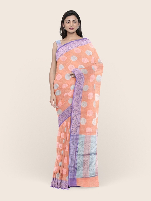 

Pothys Peach-Coloured & Purple Woven Design Zari Saree