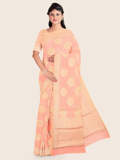 

Pothys Peach-Coloured & Golden Ethnic Motifs Cotton Blend Saree