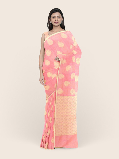 

Pothys Pink & Golden Ethnic Motifs Cotton Blend Saree