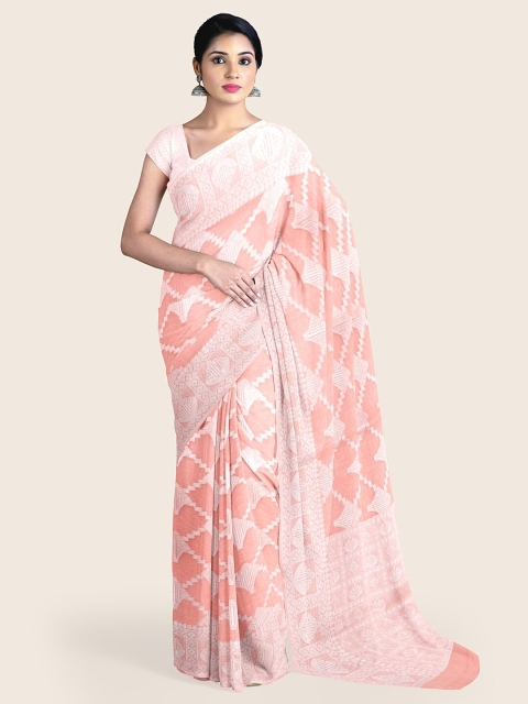 

Pothys Peach-Coloured & Silver-Coloured Ethnic Motifs Tissue Saree