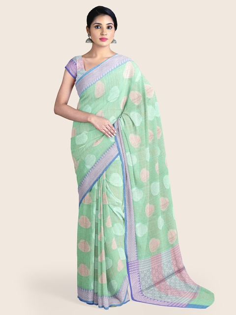 

Pothys Green & Silver-Toned Ethnic Motifs Zari Saree