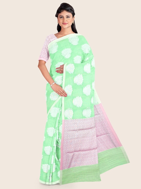 

Pothys Green & White Ethnic Motifs Cotton Blend Saree