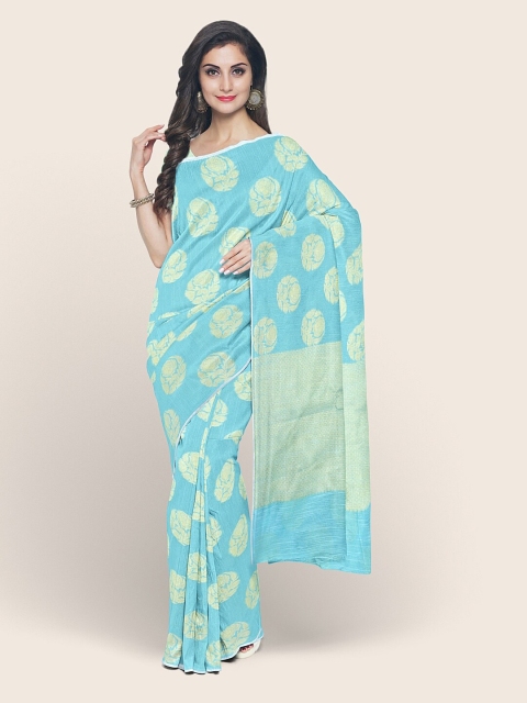 

Pothys Turquoise Blue & Golden Ethnic Motifs Cotton Blend Saree