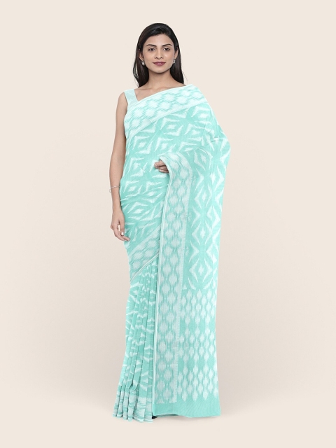 

Pothys Turquoise Blue & White Ethnic Motifs Tissue Saree