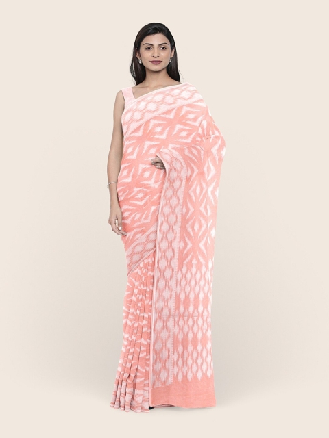 

Pothys Peach-Coloured & Silver-Toned Woven Design Zari Tissue Saree