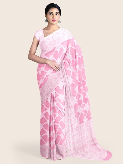 

Pothys Pink & Silver-Toned Woven Design Tissue Saree