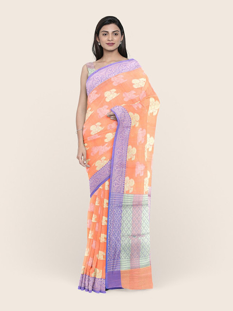 

Pothys Peach-Coloured & Purple Woven Design Zari Saree
