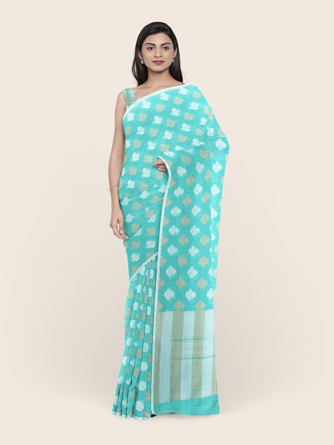 

Pothys Green & Gold-Toned Floral Zari Cotton Blend Saree