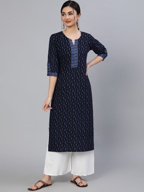 

Nayo Women Black & Blue Ethnic Motifs Printed Pure Cotton Kurta