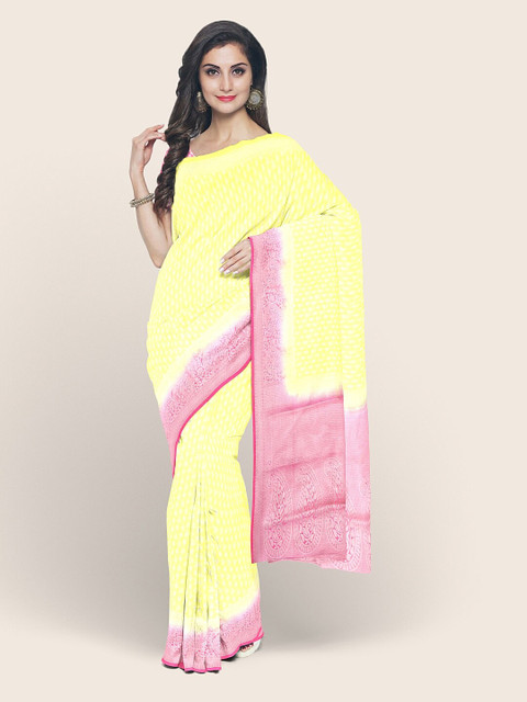 

Pothys Yellow & Silver-Toned Ethnic Motifs Art Silk Saree