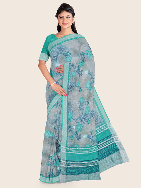 

Pothys Grey & Green Floral Jute Cotton Saree