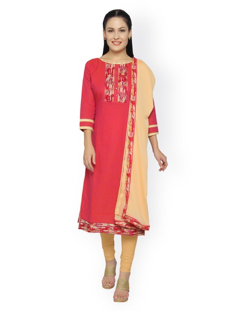 

Saree mall Pink & Beige Printed Unstitched Dress Material with Dupatta