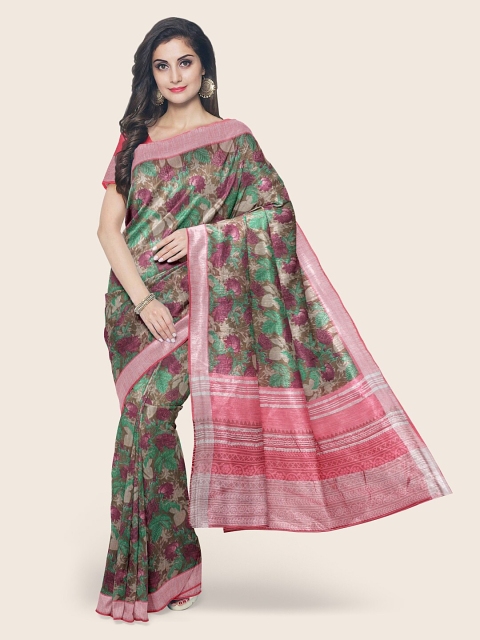 

Pothys Women Green Floral Print Jute Cotton Saree