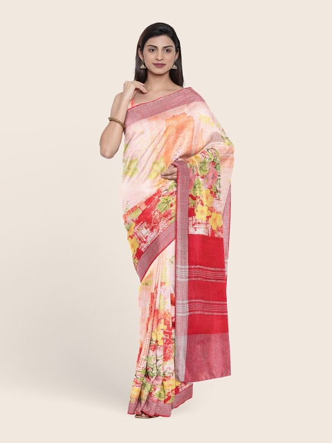 

Pothys Women Peach Floral Print Jute Cotton Saree