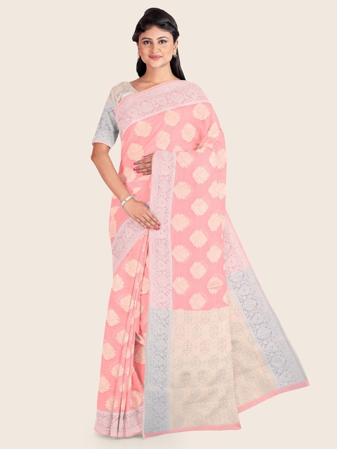 

Pothys Peach-Coloured & Silver-Toned Woven Design Zari Saree