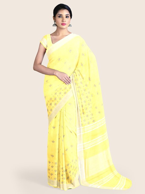 

Pothys Yellow & Silver-Toned Floral Zari Jute Cotton Saree