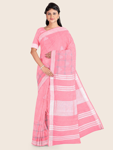 

Pothys Silver & Pink Floral Embroidered Saree