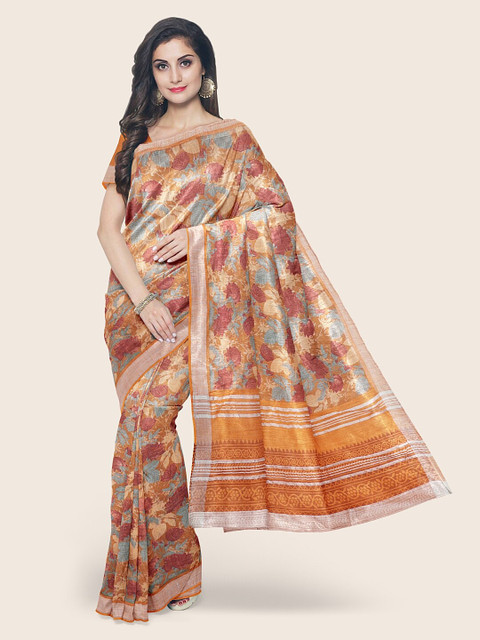 

Pothys Brown & Silver-Toned Floral Zari Jute Cotton Saree
