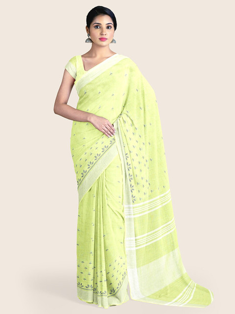 

Pothys Women Green Floral Embroidered Jute Cotton Saree