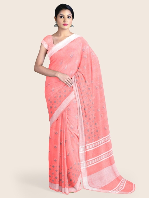 

Pothys Peach-Coloured & Grey Floral Jute Cotton Saree