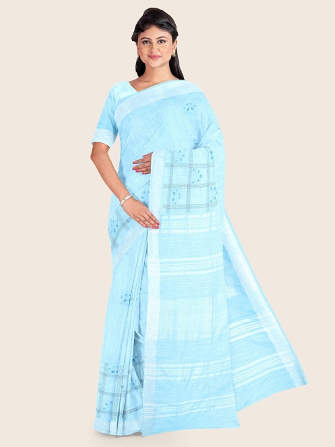 

Pothys Blue & Silver-Toned Floral Embroidered Zari Saree