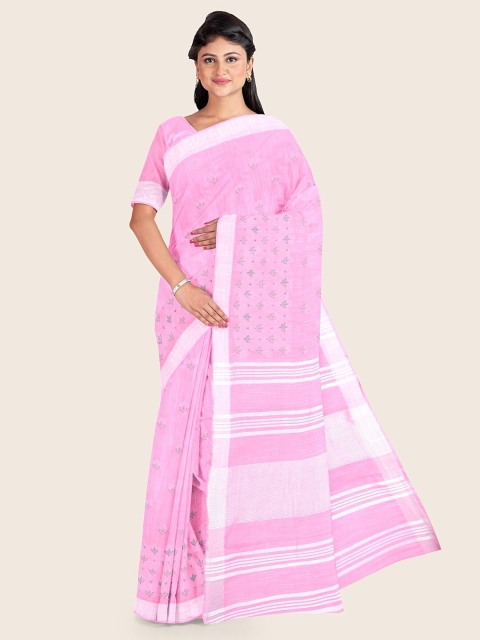 

Pothys Pink & Silver-Toned Floral Zari Jute Cotton Saree