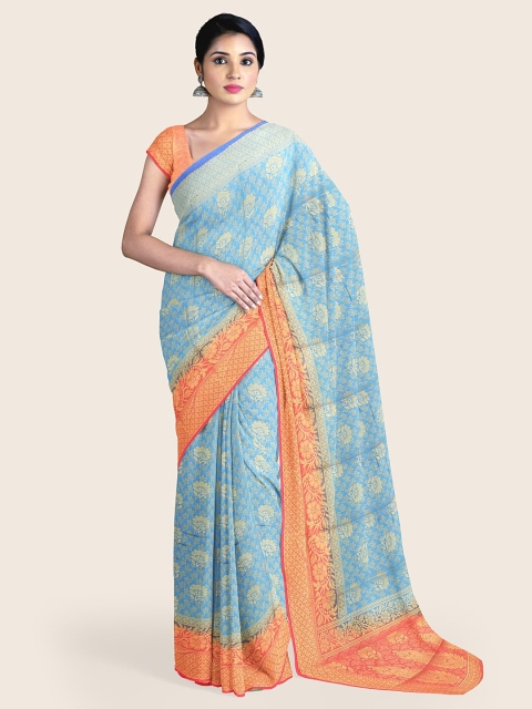 

Pothys Blue & Gold-Toned Ethnic Motifs Zari Rapier Silk Saree