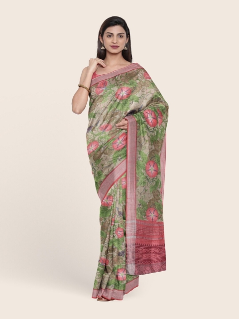 

Pothys Brown & Green Floral Jute Cotton Saree