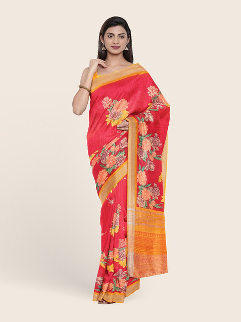 

Pothys Red & Gold-Toned Floral Zari Jute Cotton Saree