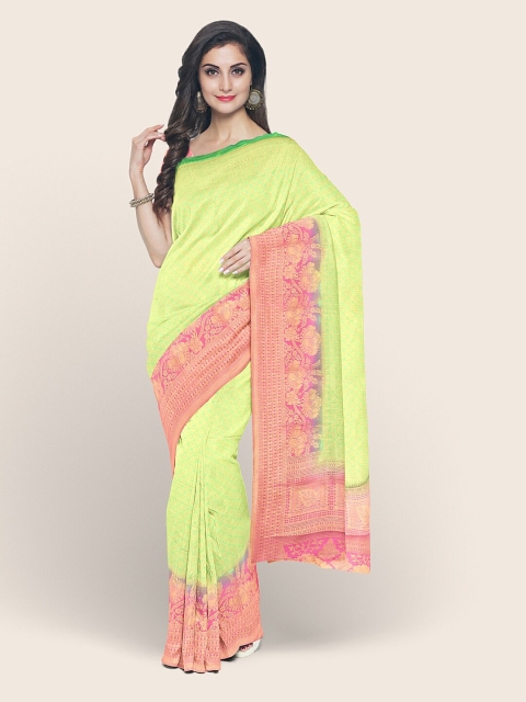 

Pothys Fluorescent Green & Gold-Toned Floral Zari Rapier Silk Saree