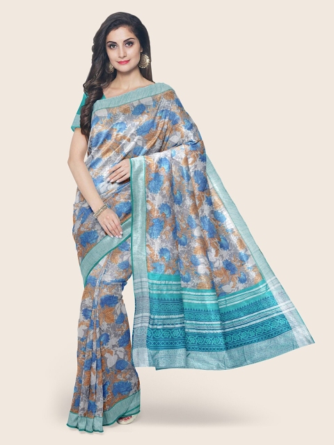 

Pothys Brown & Blue Floral Zari Jute Cotton Saree