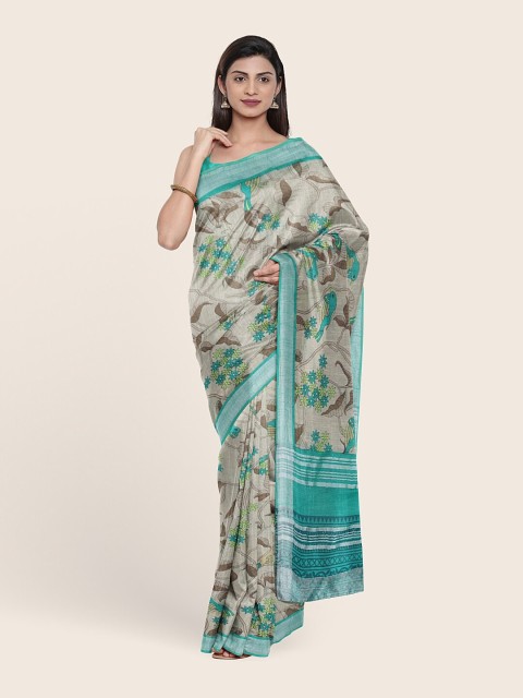 

Pothys Grey & Green Floral Zari Jute Cotton Saree