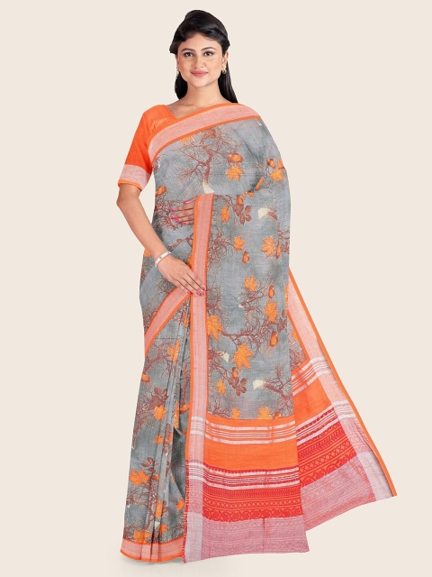 

Pothys Women Grey Floral Printed Jute Cotton Saree