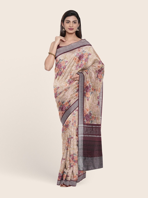 

Pothys Cream-Coloured & Brown Floral Zari Jute Cotton Saree