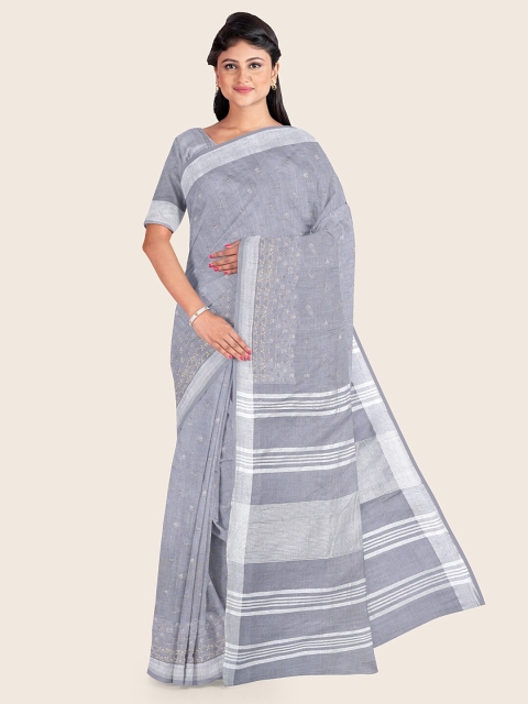

Pothys Grey & Cream-Coloured Striped Embroidered Jute Cotton Saree