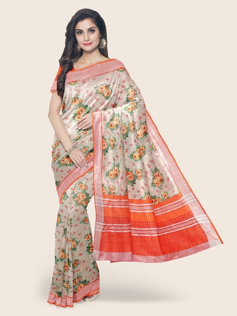 

Pothys Tan & Orange Floral Zari Jute Cotton Saree