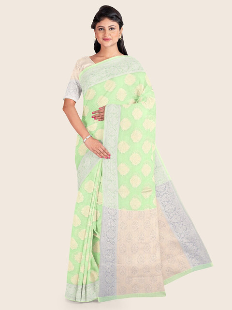 

Pothys Green & Gold-Toned Woven Design Zari Saree, Fluorescent green
