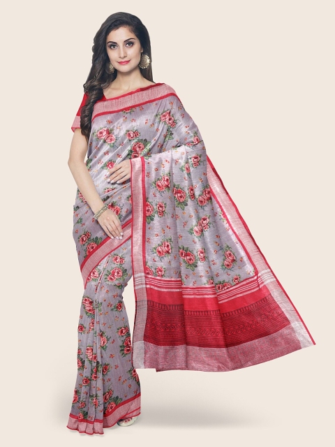 

Pothys Grey & Red Floral Jute Cotton Saree