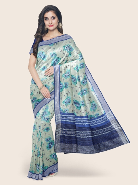 

Pothys Grey & Green Floral Zari Jute Cotton Saree