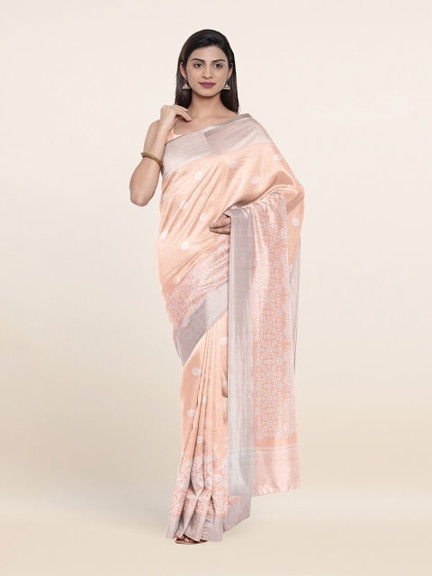 

Pothys Peach-Coloured & Silver-Toned Floral Zari Jute Cotton Saree