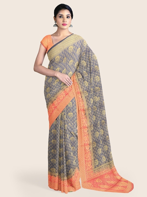 

Pothys Navy Blue & Orange Floral Zari Art Silk Saree