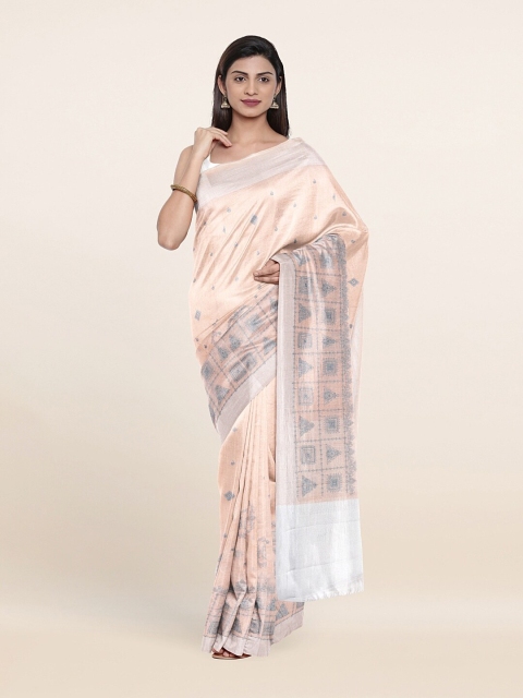 

Pothys Peach-Coloured & Silver-Toned Floral Zari Jute Cotton Saree